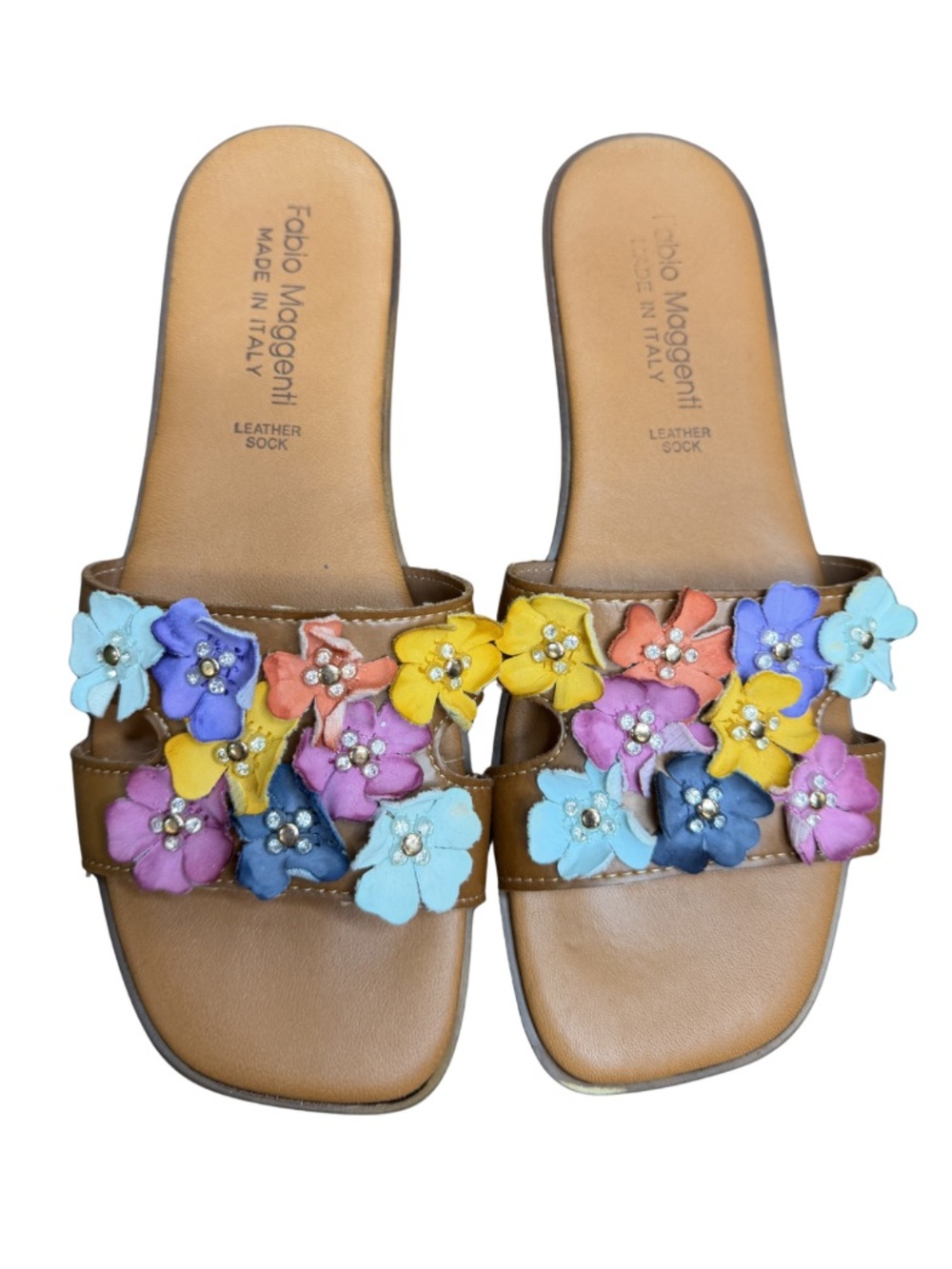 Fabio Maggenti Italy Leather Floral Applique Slide Sandals Tan Multicolor Size 9